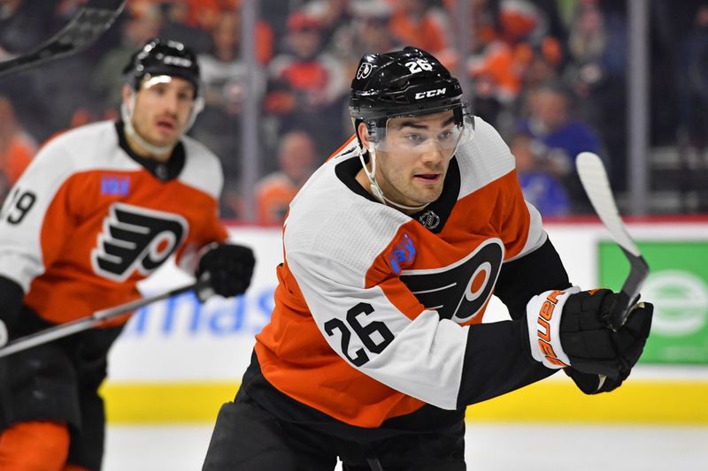 Feb 27, 2024; Philadelphia, Pennsylvania, USA; Philadelphia Flyers defenseman Sean Walker (26) against the Tampa Bay Lightning during the second period at Wells Fargo Center. Mandatory Credit: Eric Hartline-USA TODAY Sports