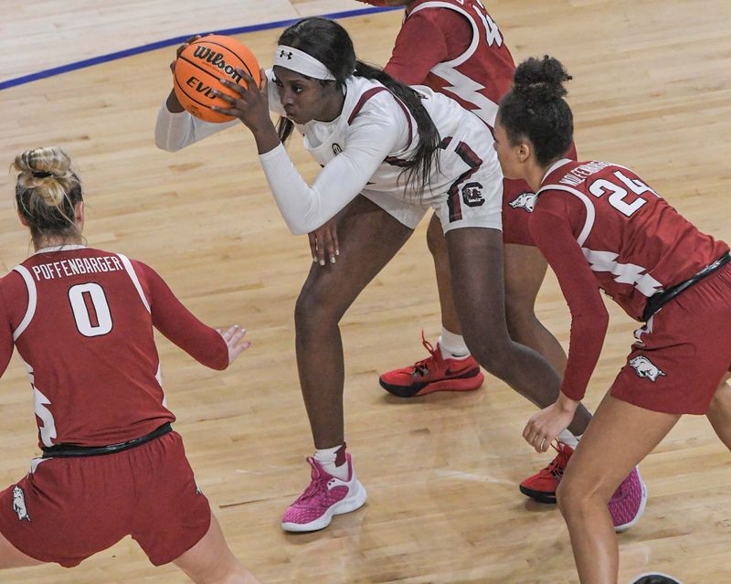 Mar 3, 2023; Greenville, SC, USA; South Carolina forward Laeticia Amihere (15) rebounds near Arkansas guard Jersey Wolfenbarger (24) during the first quarter at Bon Secours Wellness Arena. Mandatory Credit: Ken Ruinard-USA TODAY Sports