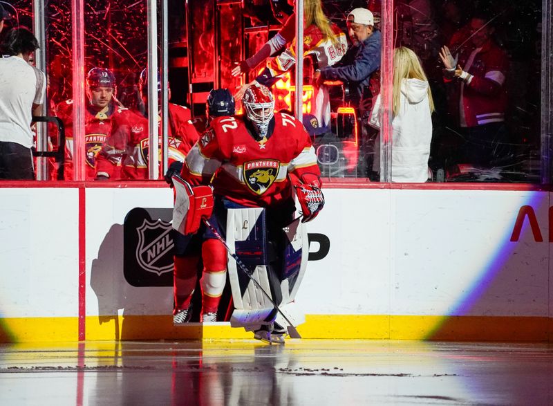 Dec 27, 2025; Sunrise, Florida, USA; Florida Panthers goaltender Sergei Bobrovsky (72) takes the ice against the Tampa Bay Lightning at Amerant Bank Arena. Mandatory Credit: Jeff Romance-Imagn Images