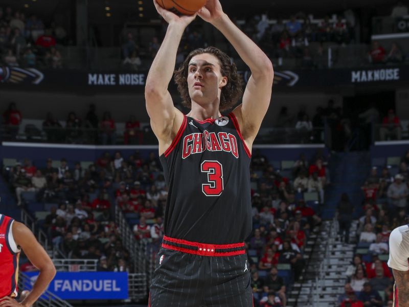 NEW ORLEANS, LA - OCTOBER 23: Josh Giddey #3 of the Chicago Bulls shoots a free throw during the game on October 23, 2024 at the Smoothie King Center in New Orleans, Louisiana. NOTE TO USER: User expressly acknowledges and agrees that, by downloading and or using this Photograph, user is consenting to the terms and conditions of the Getty Images License Agreement. Mandatory Copyright Notice: Copyright 2024 NBAE (Photo by Layne Murdoch Jr./NBAE via Getty Images)