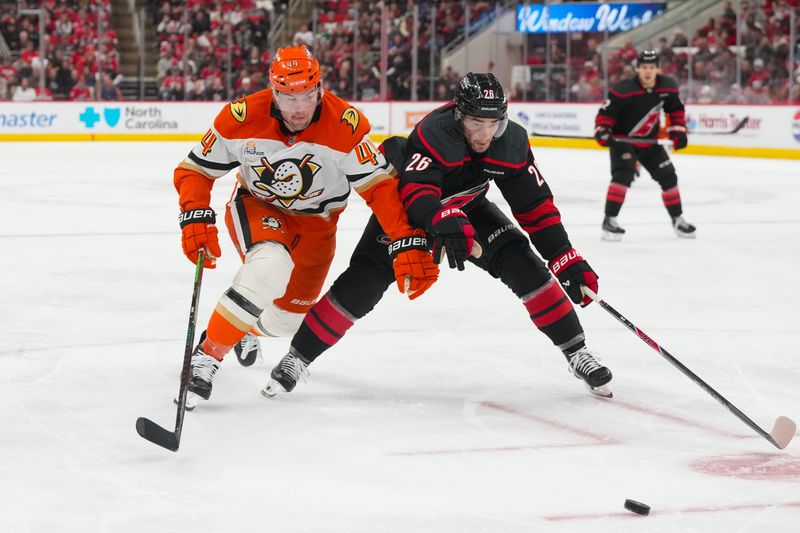 Jan 8, 2026; Raleigh, North Carolina, USA;  Anaheim Ducks left wing Ross Johnston (44) and Carolina Hurricanes defenseman Sean Walker (26) battle over the loose puck during the second period at Lenovo Center. Mandatory Credit: James Guillory-Imagn Images
