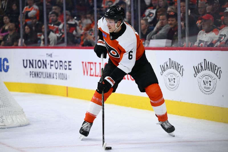 Oct 26, 2024; Philadelphia, Pennsylvania, USA; Philadelphia Flyers defenseman Travis Sanheim (6) controls the puck against the Minnesota Wild in the second period at Wells Fargo Center. Mandatory Credit: Kyle Ross-Imagn Images