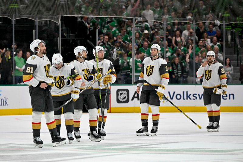 May 5, 2024; Dallas, Texas, USA; The Vegas Golden Knights wait to shake hands with the Dallas Stars after the Stars defeat the Golden Knights in game seven of the first round of the 2024 Stanley Cup Playoffs at American Airlines Center. Mandatory Credit: Jerome Miron-USA TODAY Sports