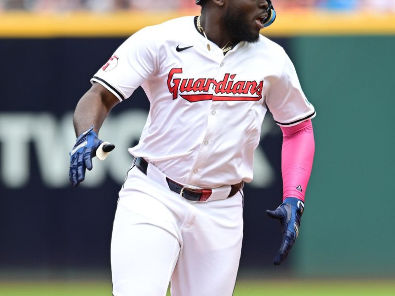 Jul 25, 2024; Cleveland, Ohio, USA; Cleveland Guardians right fielder Jhonkensy Noel (43) hits a double during the second inning against the Detroit Tigers at Progressive Field. Mandatory Credit: Ken Blaze-USA TODAY Sports