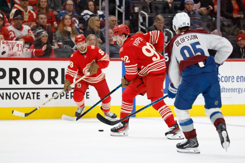 Jan 31, 2026; Detroit, Michigan, USA;  Detroit Red Wings center Marco Kasper (92) skates with the puck in the second period against the Colorado Avalanche at Little Caesars Arena. Mandatory Credit: Rick Osentoski-Imagn Images