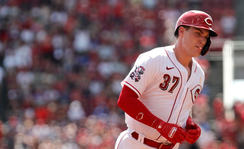 Sep 3, 2023; Cincinnati, Ohio, USA; Cincinnati Reds catcher Tyler Stephenson (37) runs the bases after hitting a two-run home run against the Chicago Cubs during the second inning at Great American Ball Park. Mandatory Credit: David Kohl-USA TODAY Sports