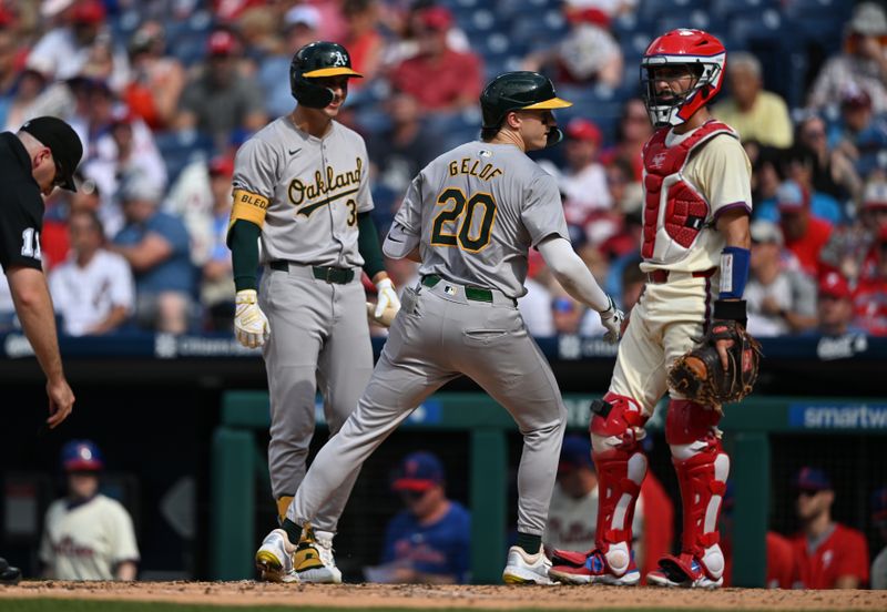 Jul 13, 2024; Philadelphia, Pennsylvania, USA; Oakland Athletics infielder Zack Gelof (20) rounds the bases after hitting a home run against the Philadelphia Phillies in the third inning at Citizens Bank Park. Mandatory Credit: Kyle Ross-USA TODAY Sports