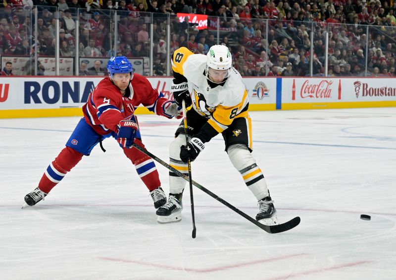 Oct 14, 2024; Montreal, Quebec, CAN; Montreal Canadiens defenseman Mike Matheson (8) pokes the puck away from Pittsburgh Penguins forward Michael Bunting (8) during the third period at the Bell Centre. Mandatory Credit: Eric Bolte-Imagn Images