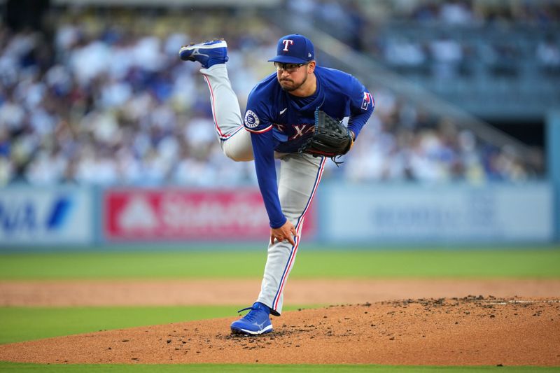 Jun 11, 2024; Los Angeles, California, USA; Texas Rangers starting pitcher Dane Dunning (33) throws in the first inning against the Los Angeles Dodgers at Dodger Stadium. Mandatory Credit: Kirby Lee-USA TODAY Sports