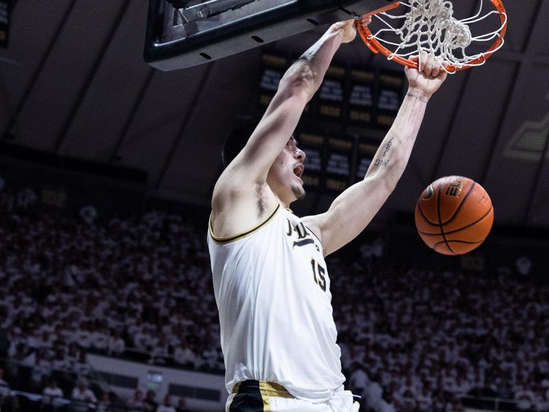 Jan 29, 2023; West Lafayette, Indiana, USA; Purdue Boilermakers center Zach Edey (15) shoots the ball in the second half against the Michigan State Spartans at Mackey Arena. Mandatory Credit: Trevor Ruszkowski-USA TODAY Sports