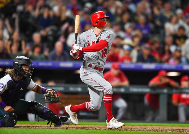 Jun 24, 2023; Denver, Colorado, USA; Los Angeles Angels right fielder Mickey Moniak (16) hits a double in the sixth inning against the Colorado Rockies at Coors Field. Mandatory Credit: John Leyba-USA TODAY Sports