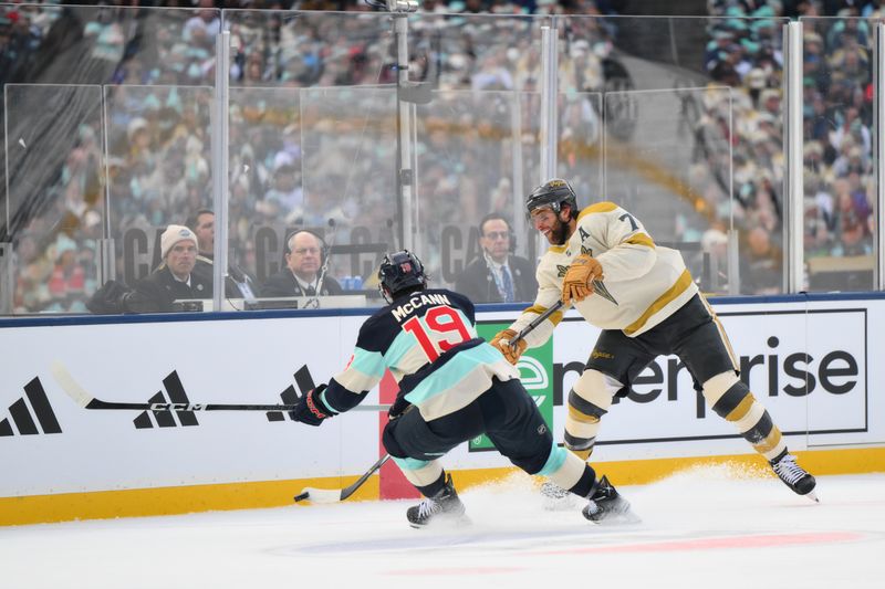 Jan 1, 2024; Seattle, Washington, USA; Vegas Golden Knights defenseman Alex Pietrangelo (7) passes the puck away from Seattle Kraken left wing Jared McCann (19) during the 3rd period in the 2024 Winter Classic ice hockey game at T-Mobile Park. Mandatory Credit: Steven Bisig-USA TODAY Sports