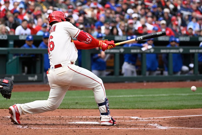 Apr 1, 2023; St. Louis, Missouri, USA; St. Louis Cardinals designated hitter Nolan Gorman (16) hits a two-run single against the Toronto Blue Jays in the third inning at Busch Stadium. Mandatory Credit: Joe Puetz-USA TODAY Sports