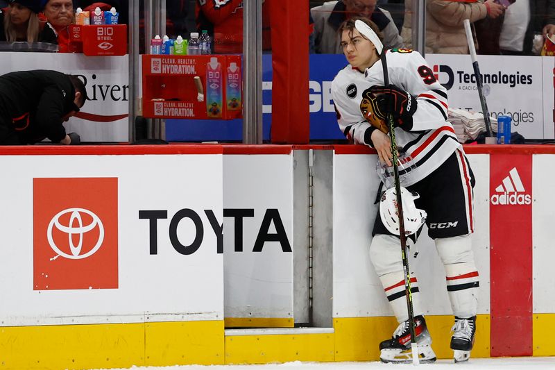 Mar 9, 2024; Washington, District of Columbia, USA; Chicago Blackhawks center Connor Bedard (98) stands on the ice after the Blackhawks' game against the Washington Capitals at Capital One Arena. Mandatory Credit: Geoff Burke-USA TODAY Sports