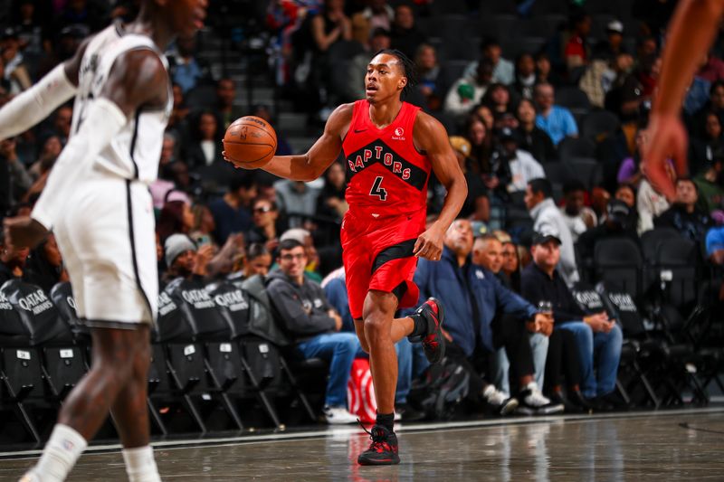 BROOKLYN, NY - OCTOBER 18: Scottie Barnes #4 of the Toronto Raptors dribbles the ball during the game on October 18, 2024 at Barclays Center in Brooklyn, New York. NOTE TO USER: User expressly acknowledges and agrees that, by downloading and or using this Photograph, user is consenting to the terms and conditions of the Getty Images License Agreement. Mandatory Copyright Notice: Copyright 2024 NBAE (Photo by David L. Nemec/NBAE via Getty Images)