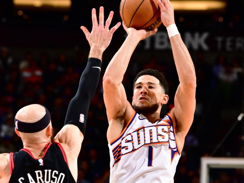 PHOENIX, AZ - JANUARY 22: Devin Booker #1 of the Phoenix Suns shoots the ball during the game against the Chicago Bulls on January 22, 2024 at Footprint Center in Phoenix, Arizona. NOTE TO USER: User expressly acknowledges and agrees that, by downloading and or using this photograph, user is consenting to the terms and conditions of the Getty Images License Agreement. Mandatory Copyright Notice: Copyright 2024 NBAE (Photo by Barry Gossage/NBAE via Getty Images)