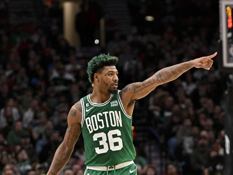 PORTLAND, OREGON - MARCH 17: Marcus Smart #36 of the Boston Celtics gestures during the fourth quarter against the Portland Trail Blazers at the Moda Center on March 17, 2023 in Portland, Oregon. The Boston Celtics won 126-112. NOTE TO USER: User expressly acknowledges and agrees that, by downloading and or using this photograph, User is consenting to the terms and conditions of the Getty Images License Agreement. (Photo by Alika Jenner/Getty Images)