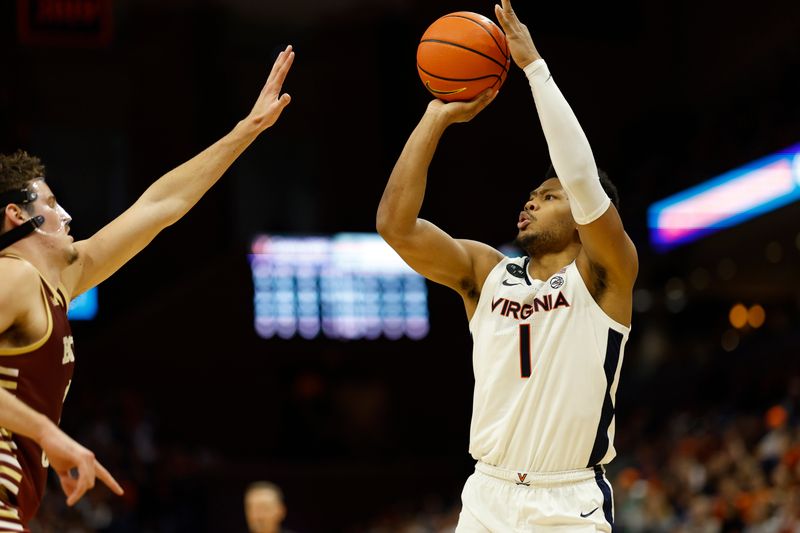 Jan 28, 2023; Charlottesville, Virginia, USA; Virginia Cavaliers forward Jayden Gardner (1) shoots the ball as Boston College Eagles forward Quinten Post (12) defends in the second half at John Paul Jones Arena. Mandatory Credit: Geoff Burke-USA TODAY Sports