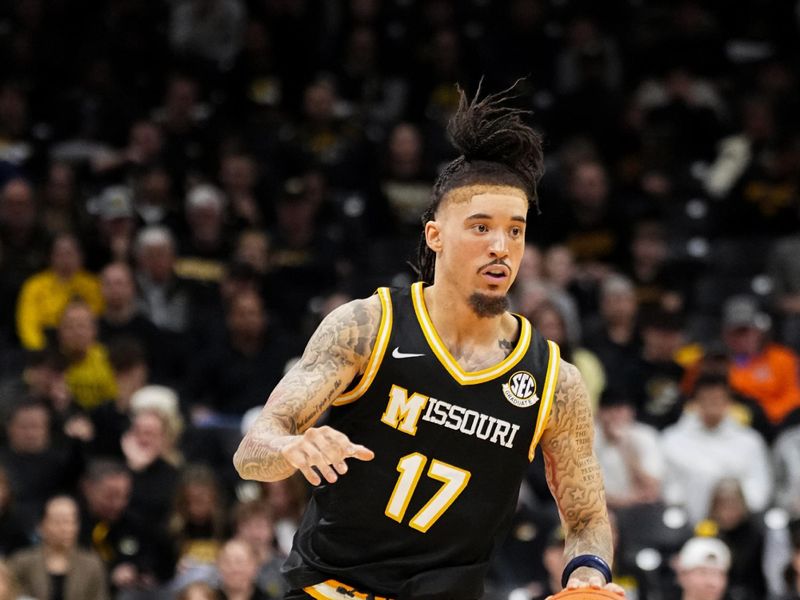 Jan 14, 2026; Columbia, Missouri, USA; Missouri Tigers guard Jayden Stone (17) dribbles the ball against the Auburn Tigers during the first half of the game at Mizzou Arena. Mandatory Credit: Denny Medley-Imagn Images