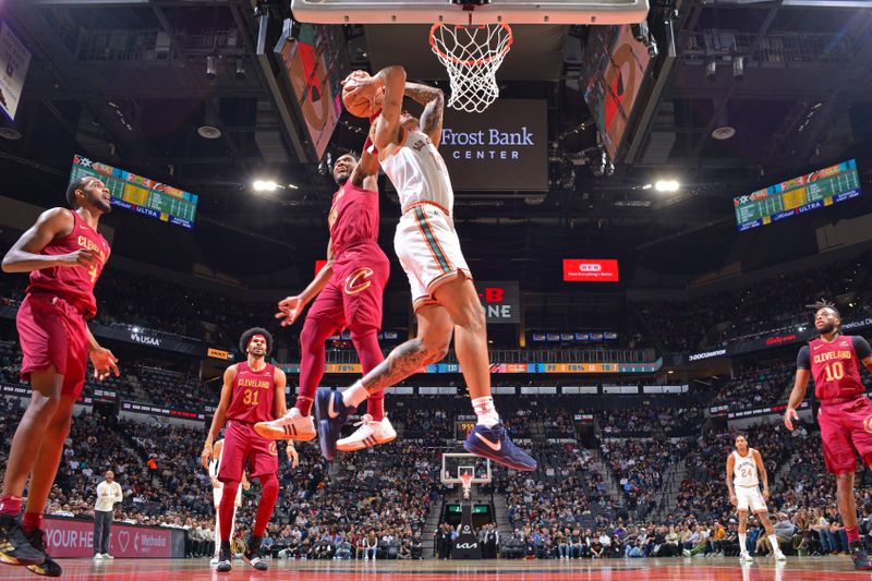 SAN ANTONIO, TX - FEBRUARY 3: Donovan Mitchell #45 of the Cleveland Cavaliers block during the game against the San Antonio Spurs on February 3, 2024 at the Frost Bank Center in San Antonio, Texas. NOTE TO USER: User expressly acknowledges and agrees that, by downloading and or using this photograph, user is consenting to the terms and conditions of the Getty Images License Agreement. Mandatory Copyright Notice: Copyright 2024 NBAE (Photos by Barry Gossage/NBAE via Getty Images)