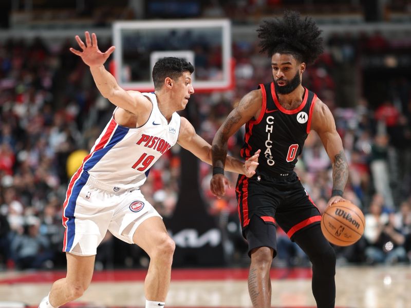 CHICAGO, IL -FEBRUARY 27: Simone Fontecchio #19 of the Detroit Pistons plays defense against Coby White #0 of the Chicago Bulls on February 27, 2024 at United Center in Chicago, Illinois. NOTE TO USER: User expressly acknowledges and agrees that, by downloading and or using this photograph, User is consenting to the terms and conditions of the Getty Images License Agreement. Mandatory Copyright Notice: Copyright 2024 NBAE (Photo by Jeff Haynes/NBAE via Getty Images)