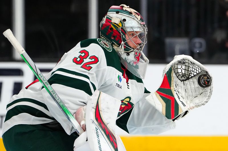 Apr 29, 2025; Las Vegas, Nevada, USA; Minnesota Wild goaltender Filip Gustavsson (32) warms up before the start of game five of the first round of the 2025 Stanley Cup Playoffs against the Vegas Golden Knights at T-Mobile Arena. Mandatory Credit: Stephen R. Sylvanie-Imagn Images