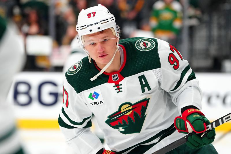 Feb 12, 2024; Las Vegas, Nevada, USA; Minnesota Wild left wing Kirill Kaprizov (97) warms up before a game against the Vegas Golden Knights at T-Mobile Arena. Mandatory Credit: Stephen R. Sylvanie-USA TODAY Sports