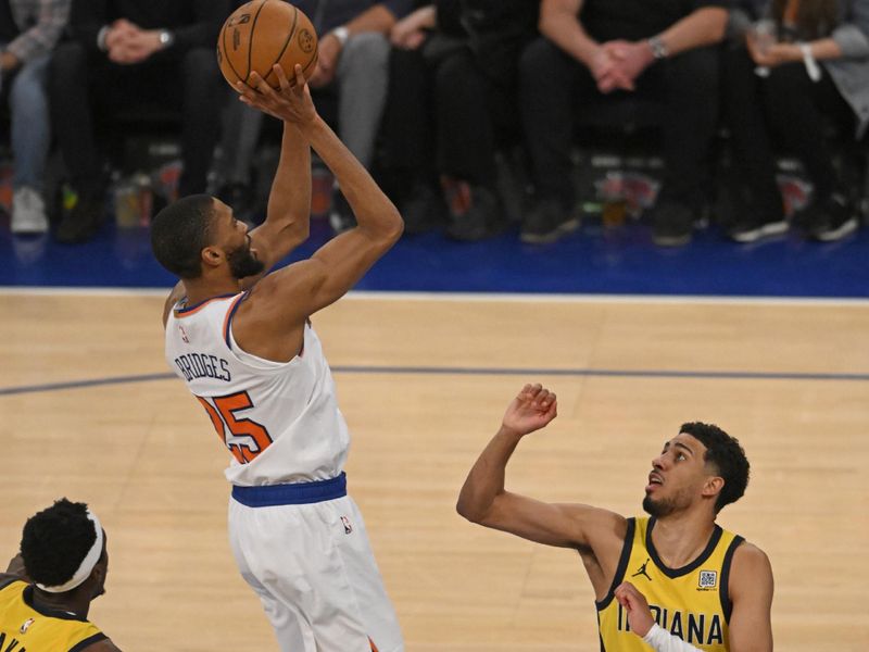 NEW YORK, NY - MAY 23: Mikal Bridges #25 of the New York Knicks shoots the ball during the game against the Indiana Pacers during Game Two of the 2025 Eastern Conference Finals on May 23, 2025 at Madison Square Garden in New York City, New York.  NOTE TO USER: User expressly acknowledges and agrees that, by downloading and or using this photograph, User is consenting to the terms and conditions of the Getty Images License Agreement. Mandatory Copyright Notice: Copyright 2025 NBAE  (Photo by David Dow/NBAE via Getty Images)