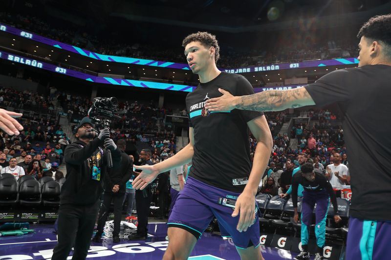 CHARLOTTE, NC - NOVEMBER 29: Tidjane Salaun #31 of the Charlotte Hornets is introduced before the game against the New York Knicks during the Emirates NBA Cup game on November 29, 2024 at Spectrum Center in Charlotte, North Carolina. NOTE TO USER: User expressly acknowledges and agrees that, by downloading and or using this photograph, User is consenting to the terms and conditions of the Getty Images License Agreement. Mandatory Copyright Notice: Copyright 2024 NBAE (Photo by Kent Smith/NBAE via Getty Images)