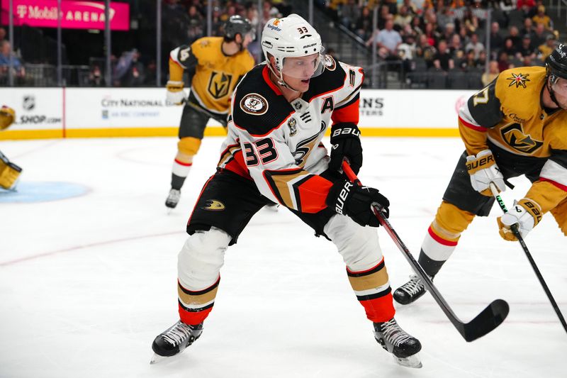 Apr 18, 2024; Las Vegas, Nevada, USA; Anaheim Ducks right wing Jakob Silfverberg (33) skates against the Vegas Golden Knights during the first period at T-Mobile Arena. Mandatory Credit: Stephen R. Sylvanie-USA TODAY Sports