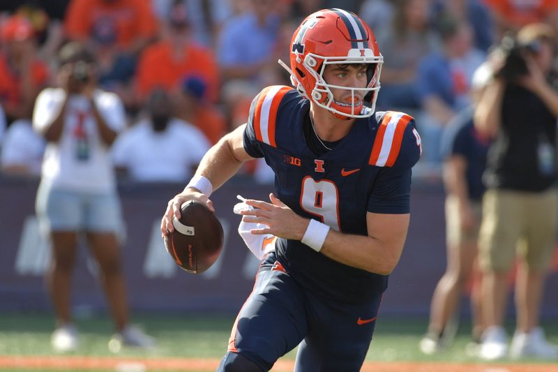 Sep 23, 2023; Champaign, Illinois, USA;  Illinois Fighting Illini quarterback Luke Altmyer (9) scrambles during the first half against the FL Atlantic Owls at Memorial Stadium. Mandatory Credit: Ron Johnson-USA TODAY Sports