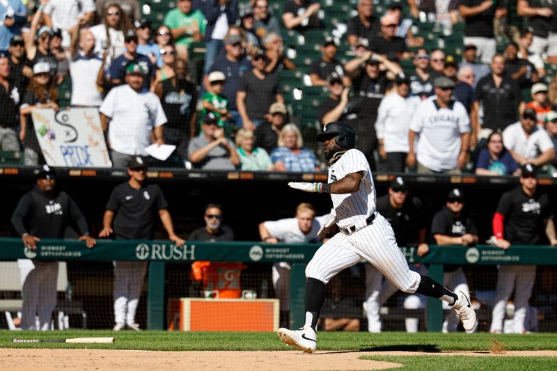 Sep 26, 2024; Chicago, Illinois, USA; Chicago White Sox third baseman Bryan Ramos (44) runs to score against the Los Angeles Angels during the fifth inning at Guaranteed Rate Field. Mandatory Credit: Kamil Krzaczynski-Imagn Images