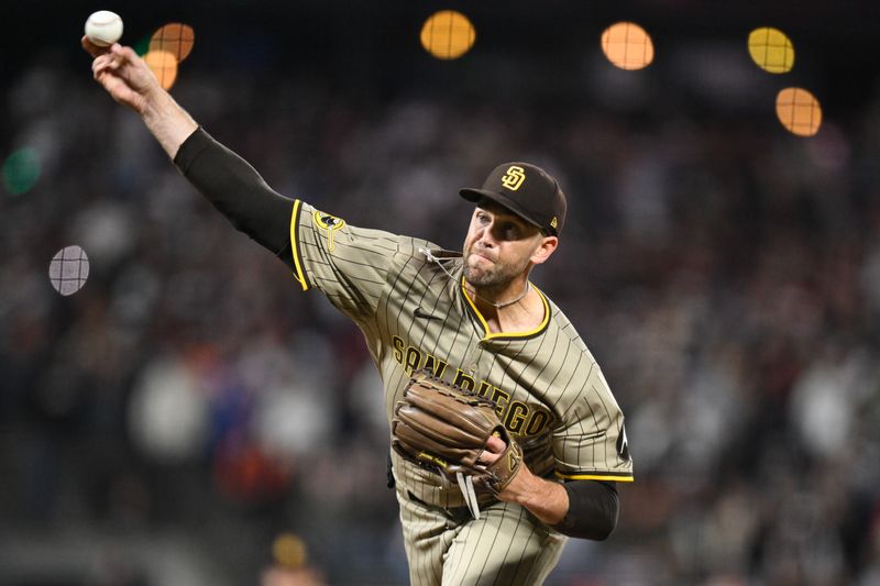 Jun 4, 2025; San Francisco, California, USA; San Diego Padres pitcher Jason Adam (40) throws against the San Francisco Giants in the seventh inning at Oracle Park. Mandatory Credit: Eakin Howard-Imagn Images