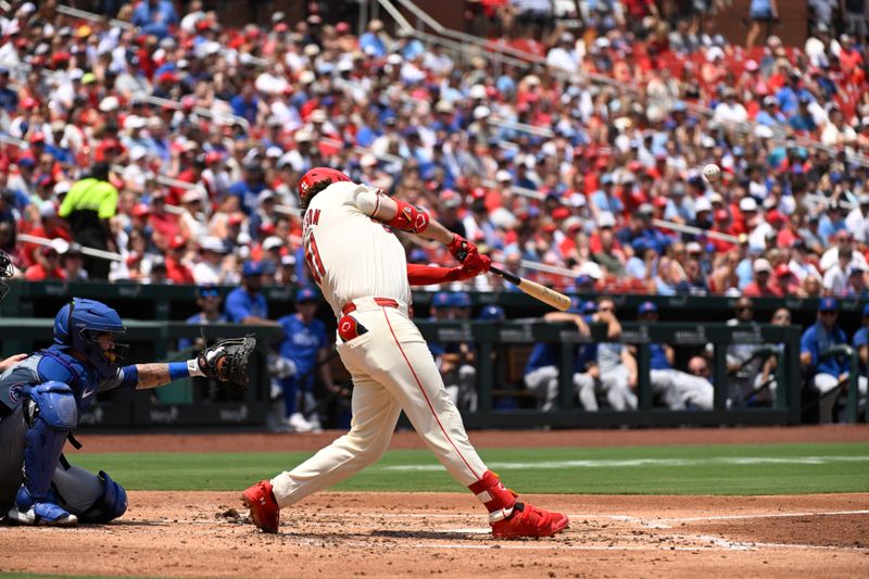 Jul 13, 2024; St. Louis, Missouri, USA; St. Louis Cardinals first baseman Alec Burleson (41) hits a 3-run homer against the Chicago Cubs during the first inning at Busch Stadium. Mandatory Credit: Jeff Le-USA TODAY Sports