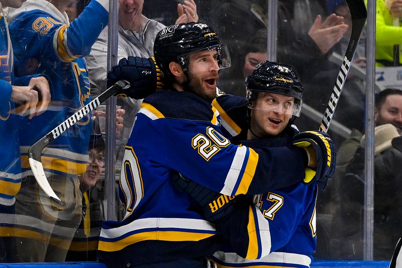 Jan 11, 2024; St. Louis, Missouri, USA;  St. Louis Blues left wing Brandon Saad (20) celebrates with defenseman Torey Krug (47) after scoring against the New York Rangers during the second period at Enterprise Center. Mandatory Credit: Jeff Curry-USA TODAY Sports