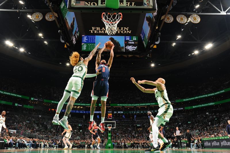 BOSTON, MA - APRIL 14: Justin Champagnie #9 of the Washington Wizards drives to the basket during the game  against the Boston Celtics on April 14, 2024 at the TD Garden in Boston, Massachusetts. NOTE TO USER: User expressly acknowledges and agrees that, by downloading and or using this photograph, User is consenting to the terms and conditions of the Getty Images License Agreement. Mandatory Copyright Notice: Copyright 2024 NBAE  (Photo by Brian Babineau/NBAE via Getty Images)