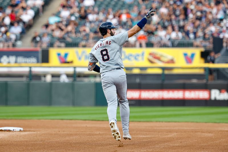 Aug 24, 2024; Chicago, Illinois, USA; Detroit Tigers outfielder Matt Vierling (8) rounds the bases after hitting a solo home run against the Chicago White Sox during the third inning at Guaranteed Rate Field. Mandatory Credit: Kamil Krzaczynski-USA TODAY Sports
