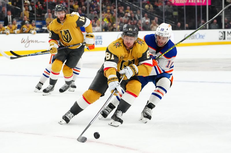 Feb 6, 2024; Las Vegas, Nevada, USA; Vegas Golden Knights right wing Jonathan Marchessault (81) controls the puck ahead of Edmonton Oilers center Derek Ryan (10) during the first period at T-Mobile Arena. Mandatory Credit: Stephen R. Sylvanie-USA TODAY Sports