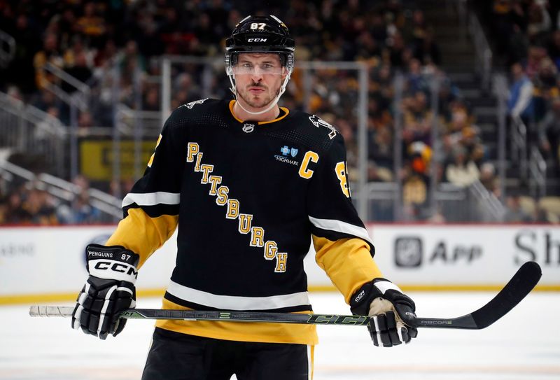 Jan 11, 2024; Pittsburgh, Pennsylvania, USA; Pittsburgh Penguins center Sidney Crosby (87) looks on before a face-off against the Vancouver Canucks during the third period at PPG Paints Arena. The Canucks won 4-3 in overtime. Mandatory Credit: Charles LeClaire-USA TODAY Sports