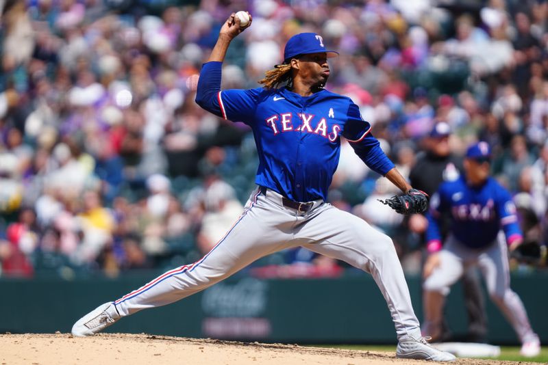 May 12, 2024; Denver, Colorado, USA; Texas Rangers starting pitcher José Ureña (54) leaves the mound in the fifth inning against the Colorado Rockiesat Coors Field. Mandatory Credit: Ron Chenoy-USA TODAY Sports