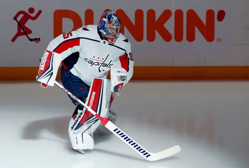 Jan 2, 2024; Pittsburgh, Pennsylvania, USA;  Washington Capitals goaltender Darcy Kuemper (35) takes the ice to warm up before the game against the Pittsburgh Penguins at PPG Paints Arena. Mandatory Credit: Charles LeClaire-USA TODAY Sports