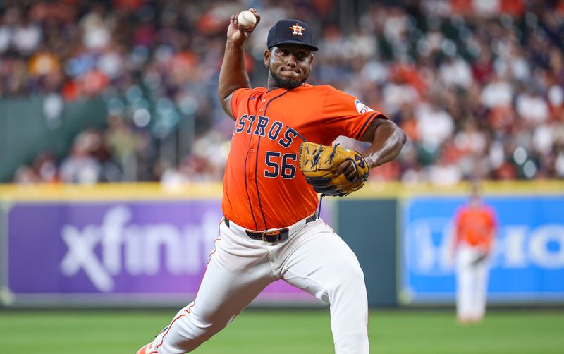 May 31, 2024; Houston, Texas, USA; Houston Astros starting pitcher Ronel Blanco (56) delivers a pitch during the second inning against the Minnesota Twins at Minute Maid Park. Mandatory Credit: Troy Taormina-USA TODAY Sports