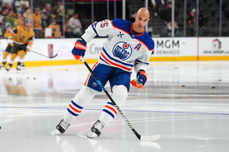 Dec 3, 2024; Las Vegas, Nevada, USA; Edmonton Oilers defenseman Darnell Nurse (25) warms up before a game against the Vegas Golden Knights at T-Mobile Arena. Mandatory Credit: Stephen R. Sylvanie-Imagn Images