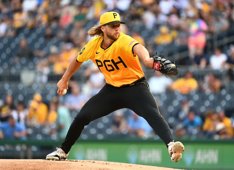 Jun 21, 2024; Pittsburgh, Pennsylvania, USA; Pittsburgh Pirates starting pitcher Carmen Modzinski (50) throws a first-inning pitch against the Tampa Bay Rays at PNC Park. Mandatory Credit: Philip G. Pavely-USA TODAY Sports