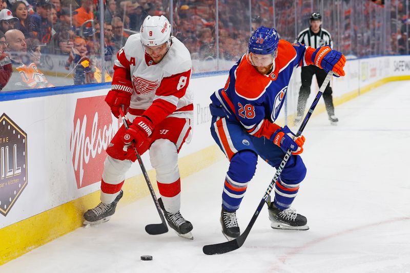 Feb 13, 2024; Edmonton, Alberta, CAN; Edmonton Oilers forward Connor Brown (28) and Detroit Red Wings defensemen Ben Chiarot (8) Battle along the boards for a loose puck  during the first period at Rogers Place. Mandatory Credit: Perry Nelson-USA TODAY Sports