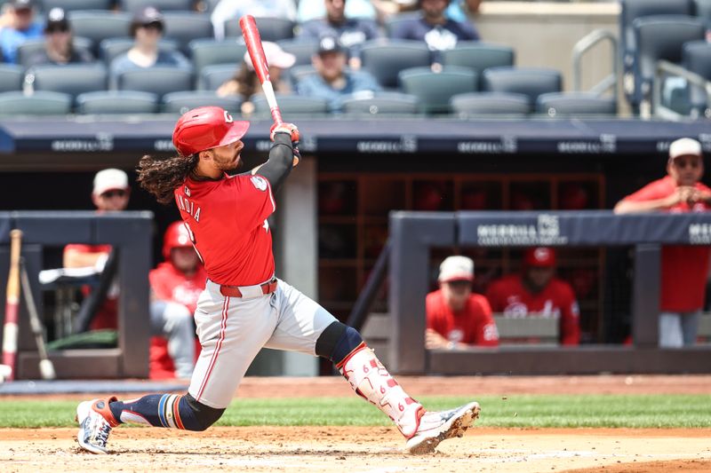 Jul 4, 2024; Bronx, New York, USA; Cincinnati Reds second baseman Jonathan India (6) hits a solo home run in the third inning against the New York Yankees at Yankee Stadium. Mandatory Credit: Wendell Cruz-USA TODAY Sports