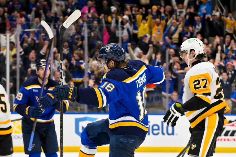 Apr 3, 2025; St. Louis, Missouri, USA;  St. Louis Blues center Robert Thomas (18) reacts after scoring the game winning goal against the Pittsburgh Penguins during overtime at Enterprise Center. Mandatory Credit: Jeff Curry-Imagn Images