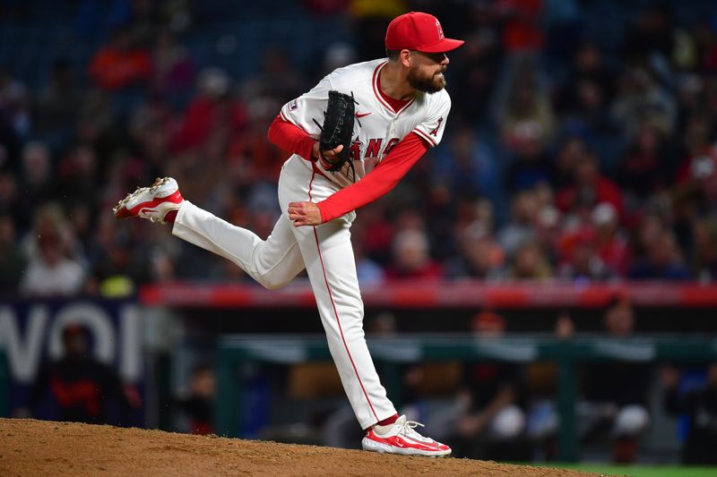 Apr 23, 2024; Anaheim, California, USA; Los Angeles Angels pitcher Matt Moore (55) throws against the Baltimore Orioles during the seventh inning at Angel Stadium. Mandatory Credit: Gary A. Vasquez-USA TODAY Sports