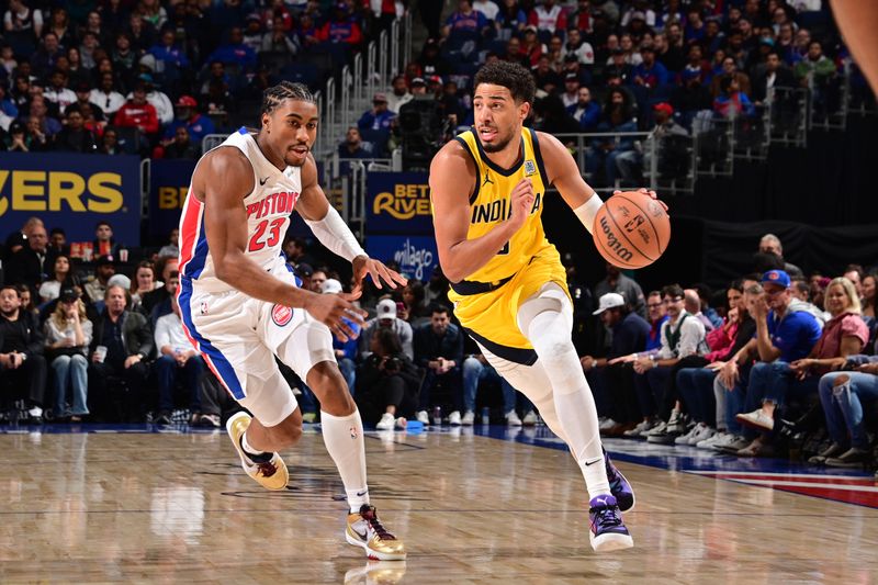 DETROIT, MI - OCTOBER 23: Tyrese Haliburton #0 of the Indiana Pacers dribbles the ball during the game against the Detroit Pistons on October 23, 2024 at Little Caesars Arena in Detroit, Michigan. NOTE TO USER: User expressly acknowledges and agrees that, by downloading and/or using this photograph, User is consenting to the terms and conditions of the Getty Images License Agreement. Mandatory Copyright Notice: Copyright 2024 NBAE (Photo by Chris Schwegler/NBAE via Getty Images)