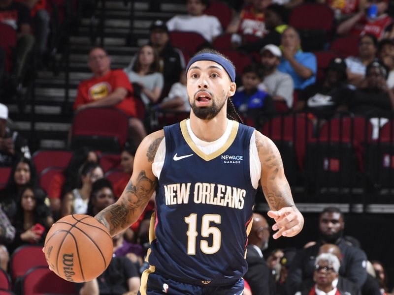 HOUSTON, TX - OCTOBER 15: Jose Alvarado #15 of the New Orleans Pelicans dribbles the ball during the game against the Houston Rockets during a NBA preseason game on October 15, 2024 at the Toyota Center in Houston, Texas. NOTE TO USER: User expressly acknowledges and agrees that, by downloading and or using this photograph, User is consenting to the terms and conditions of the Getty Images License Agreement. Mandatory Copyright Notice: Copyright 2024 NBAE (Photo by Logan Riely/NBAE via Getty Images)